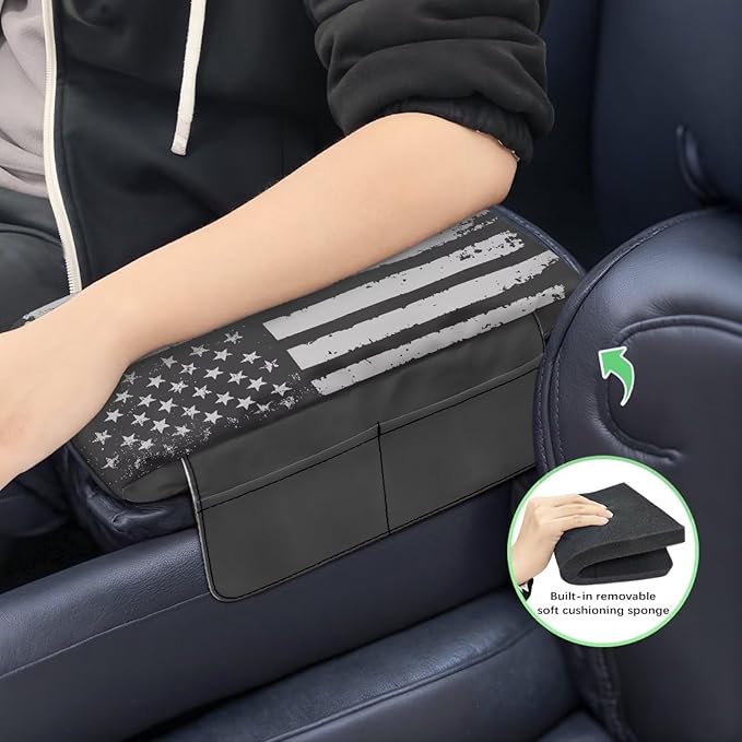 Tupalatus Gray American Flag Car Console Cover Car Accessories Interior Cars Center Console Armrest Cover with Storage Pockets Easy Installation Universal Fit Cars,Vans,SUV,Truck