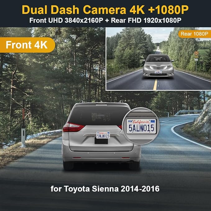 Fitcamx Front 4K+Rear 1080P Dash Cam Adapts for Toyota Sienna 2014-2016, 7 Pin Plug (HD2-6275), OEM Factory Look, Dual HD Video, Built-in WiFi & APP, Loop Recording, G-Sensor, Easy to Use, 128GB Card