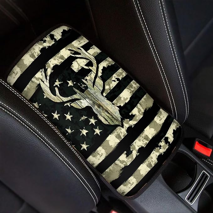 Green Camo Hunting Deer Flag Print Center Console Cover for Men Car Armrest Cover Pad for SUV Sedan Truck,Easy to Install