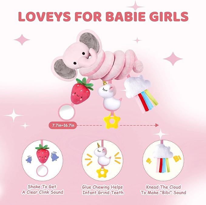 Spiral Car Seat Toys for Baby Girls 0-6 Months, Cute Pink Elephant Strawberry Stuff, Perfect Newborn Shower Gifts for Girls Essentials