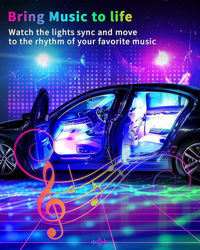 YM E-Bright 5 in 1 Car Interior Led Light Kit，Dreamcolor Acrylic Neon Interior Car LED Strip Lights，Dash Footwell Multicolor with Music Sync Mode and DIY Mode