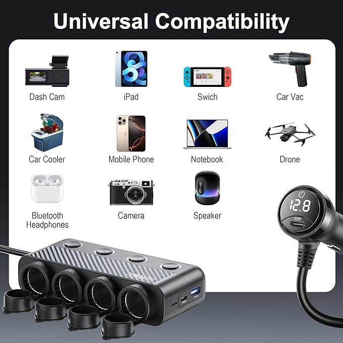 Cigarette Lighter Splitter Adapter, 216W 4 Socket Car Heavy Duty Truck Cigarette Lighter Plug Multi Port with PD30W/QC3.0 Charge USB C 12V/24V Car Plug Outlet Splitter with Independent Switches