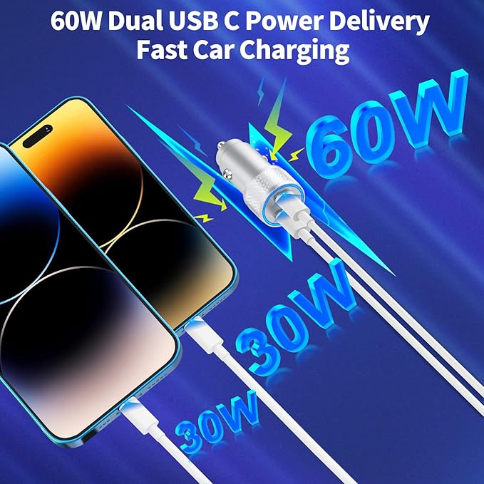 [Apple MFi Certified] iPhone Car Charger, Linocell 60W Dual PD USB-C Poewr Cigarette Lighter USB-C Car Carplay Fast Charger + 2Pack Type-C to Lightning Cable for iPhone 14 13 12 11 Pro XS XR X SE iPad