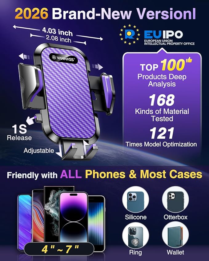 VANMASS Phone Holders for Your Car Ultimate Military-Grade Car Phone Holder Mount【Patent & Safety Certs】 Upgraded Shockproof Truck Air Vent Phone Mount for iPhone 17 Pro Max 16 Samsung Android,Purple