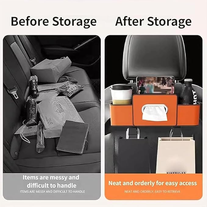 3-in-1 Car Backseat Organize rwith Cup Holder, Tissue Box, Trash Bin & Hooks,2026 Multifunctional Back Seat Car Organizer Box for Hold Phones, Snacks, Drinks, and Handbags