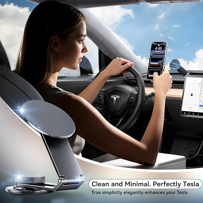 Tesla Model 3/Y Phone Mount for Magsafe, Foldable & Extendable Hidden Tesla Phone Holder with Strong Magnet for iPhone 17 Max, Magnetic Car Metal Mount for Tesla 3/Y/S/X/Cybertruck Screen