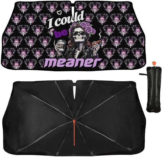 Socira I Could Be Meaner Funny Skull Car Windshield Sunshade Umbrella Foldable Umbrella Sun Shade Windshield Cover Sunshade Car Accessories Blocks Uv Rays Keeps Cool (57" X 30")