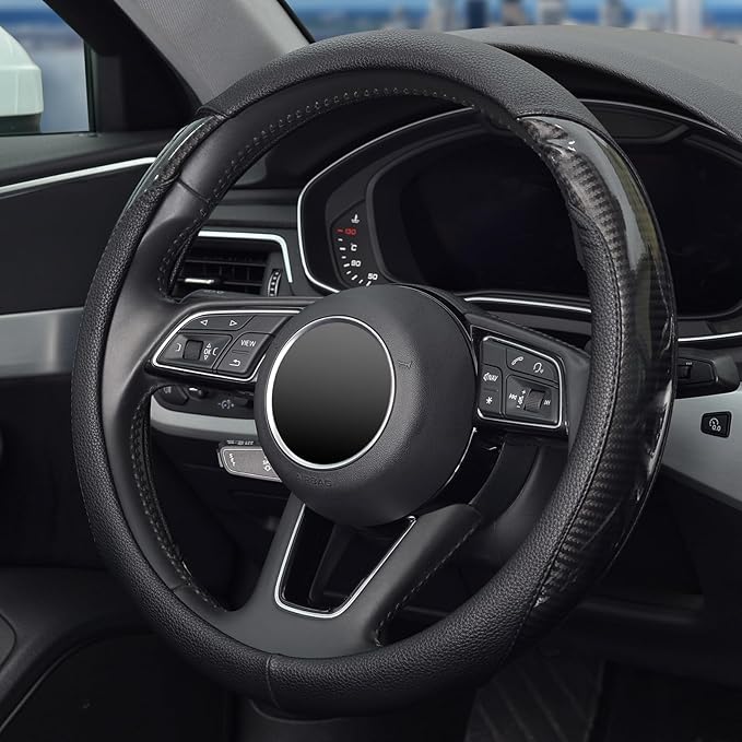 ZHOL Car Steering Wheel Cover Universal 14 1/2"-15" Leather Carbon Fiber Anti-Slip Car Accessories, Black