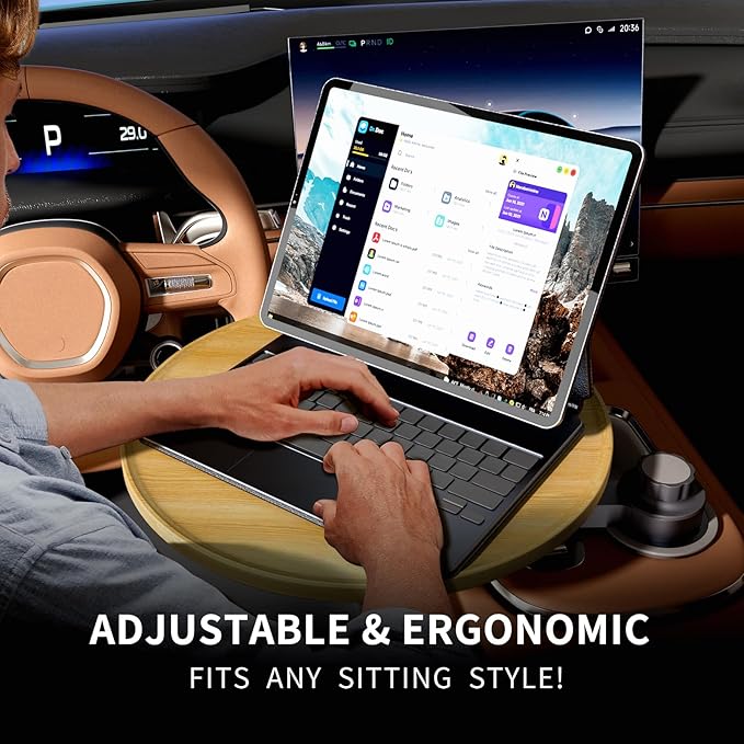 Car Tray & Car Desk for Laptop, 360° Rotating Wood Cup Holder Table, Steering Wheel Tray, Car Accessories for Women & Men,Compatible with Tesla Model Y/3/S, Ford F150/Explorer/Maverick & Most Vehicles