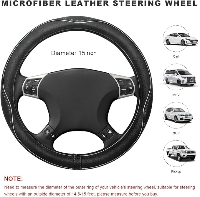 Car Steering Wheel Cover, 15 Inch Anti-Slip Breathable Leather Auto Steering Wheel Protector, Full Surround Soft Steering Wheel Cover for Men Women, Car Interior Accessories (Black & White)