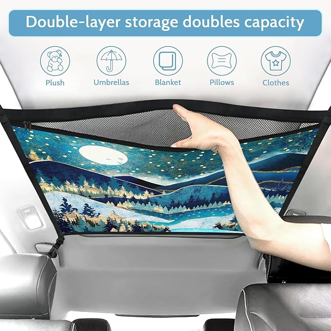 Moon Mountain Car Ceiling Cargo Net Pocket Hanging Storage Bag with Zipper 31.5"x21.6" Double-Layer Mesh Car Roof Storage Organizer Long Road Trip Truck SUV Travel Camping