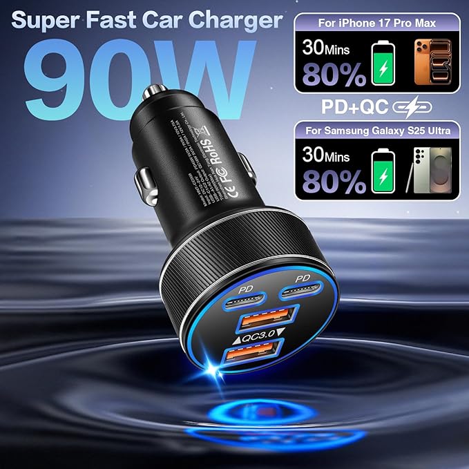 USB C Car Charger, Multi Port 90W Super Fast Charging Cigarette Lighter Adapter, 4-in-1 Dual USB-C & USB-A Car Phone Power Adapter for iPhone 17/16/15/Pro Max, iPad, Samsung Galaxy S25 (Black, 1-Pack)