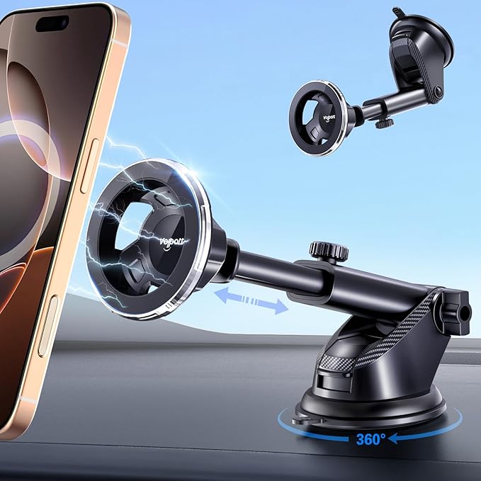volport for Magsafe Car Mount [Dashboard & Windshield]: Universal Dash Magnetic Phone Holder [360° Rotatable Suction Cup], Strong Window Magnet Mobile Stand for iPhone Samsung Mag Safe Cell Phone Case