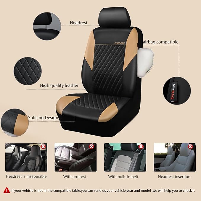 CAR PASS Quilting Leather Front Seat Covers, Automotive Waterproof Deluxe PU Premium Vinyl Luxury Two Front Seats Only Universal Fit for Cars Sedans SUVs Airbag Compatible,2 Pieces,Black&Beige
