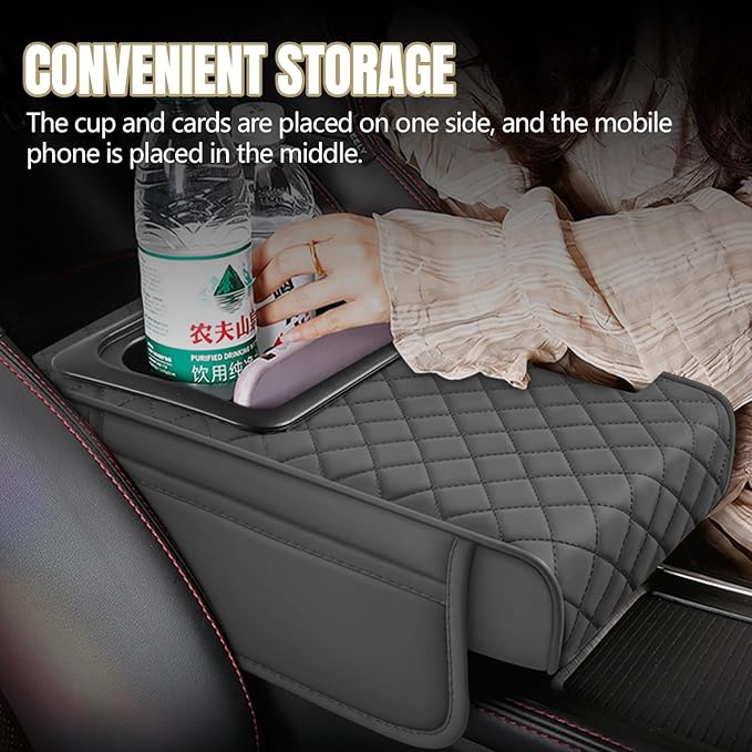 Hovom Car Center Console Cover, 13.39"×7.87"×2.76" Leather Armrest Cover for Cars, Memory Foam Armrest Pillow with Pocket, Cup Holder & Phone Slot, Universal Vehicle Arm Rest Cushion Pad (Gray)