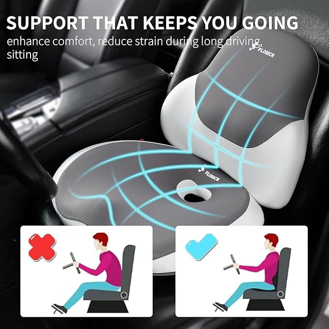 FLORICH Seat Cushion and Lumbar Support Pillow for Office Chair Car Neck Headrest Pillow 100% Memory Foam Seat Pads Pressure Relief Back Cushion and Carseat Pads(Grey)