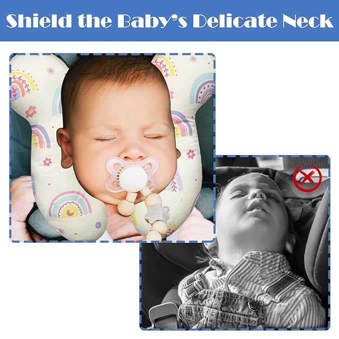 Baby Head Support Pillow for Newborn Toddler, Baby Neck Pillow Upgraded Comfortable Sleep Cushion for Car Plane Stroller Pushchair - Rainbow B