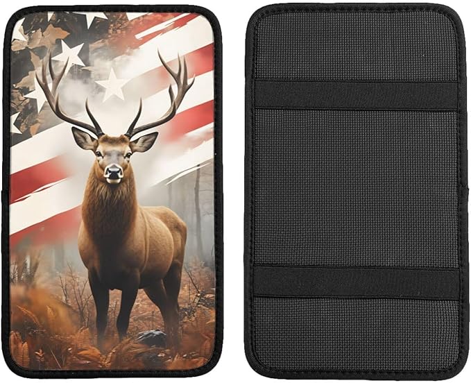 Universal Car Center Console Cushion Pad, American Flag Deer Soft Waterproof Car Center Console Cover Auto Armrest Seat Box Cover Protector for Most Vehicle SUV Truck Car