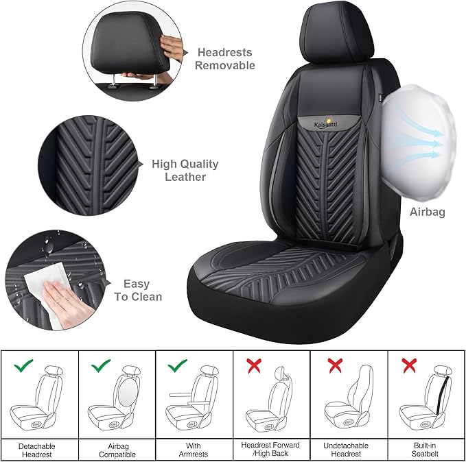 PU Leather Car Seat Covers Front Set – Waterproof seat Cover for Cars，3D Foam Support Automotive seat Covers ，Airbag Compatible, Universal Fit for Cars SUVs Trucks Sedans（Black/Grey）