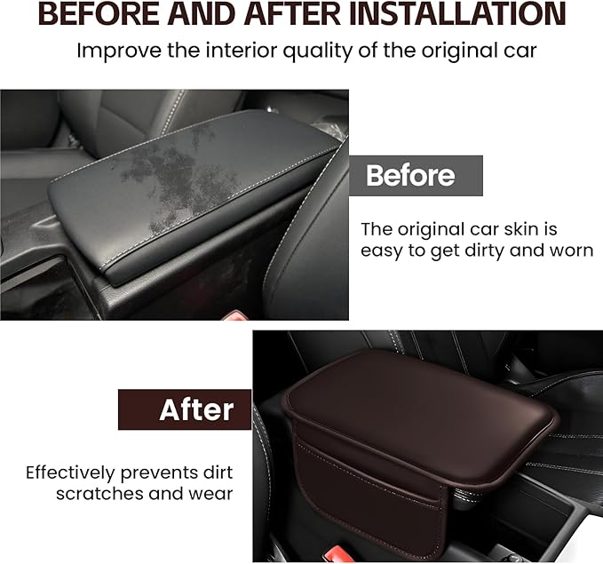 Car Center Console Cover, 11.6"×8.3" Leather Car Armrest Cushion Pad with 2 Storage Pockets, Comfortable Arm Rest Box Cover Mat for Most Vehicles, Universal Interior Accessories (Brown)
