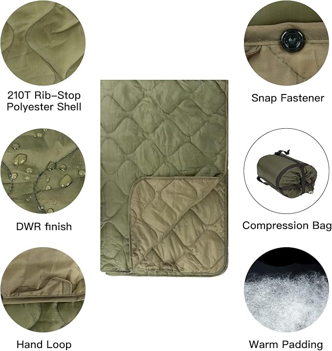 Military Poncho Liner 55”x 79” Camping Blanket Compact Waterproof for Travel Stadium Outdoor Camping