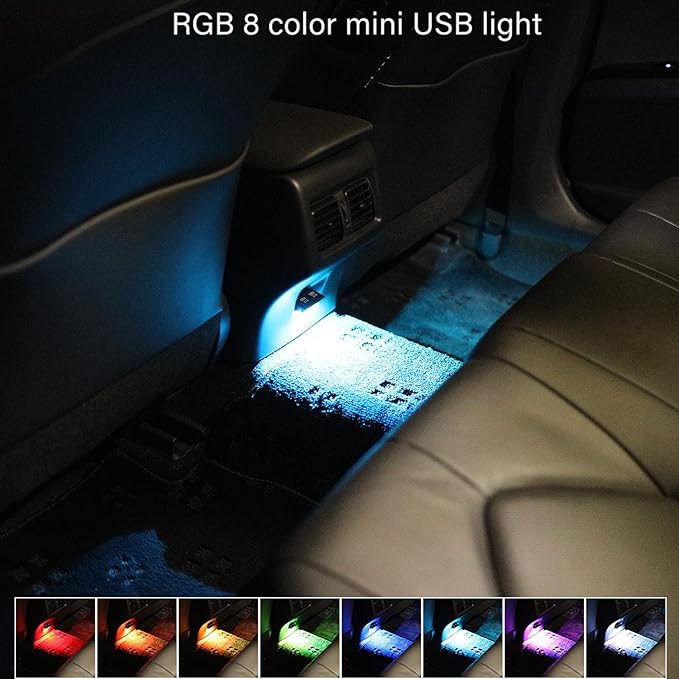 Lcyam Three Sides Emit Light USB Type-A Car LED Ambient Light 7Leds RGB Atmosphere Lamp, Interior Dimmable Mood Lighting for Cars/SUV/Trucks