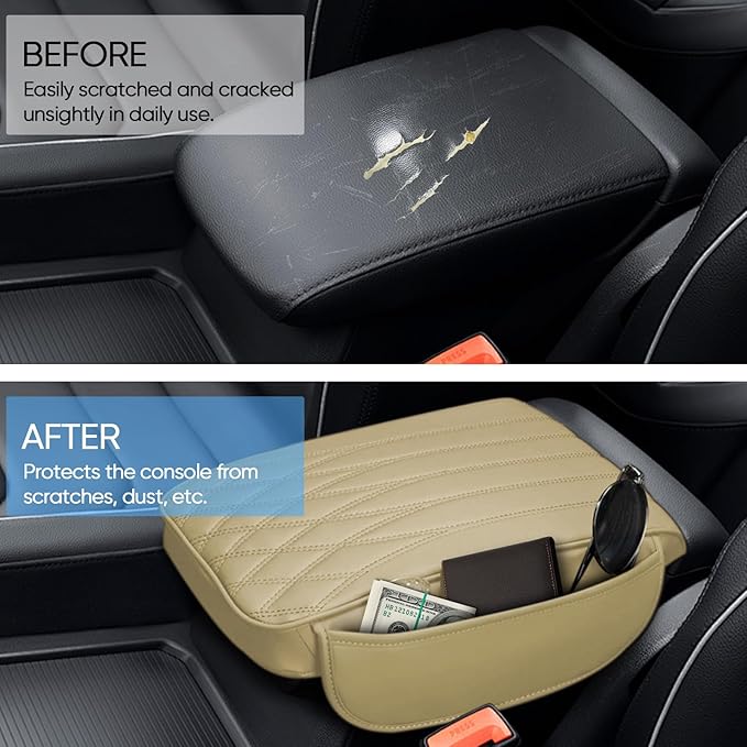 wuyaoyao Car Center Console Cover, Leather Car Armrest Box Cover, 12.40"×8.46"×1.97" Arm Rest Pad with Pockets, Soft Auto Armrest Storage Box Protector, Universal Interior Car Accessories (Beige)