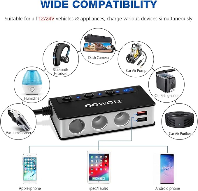 OOWOLF 7 in 1 Cigarette Lighter Splitter, 180W Quick Charge 3.0 12V/24V 3-Socket Car Charger Adapter, 4 USB Ports Car Power Adapter Car Splitter, Independent Switches, LED Voltmeter, 2.3FT Cable