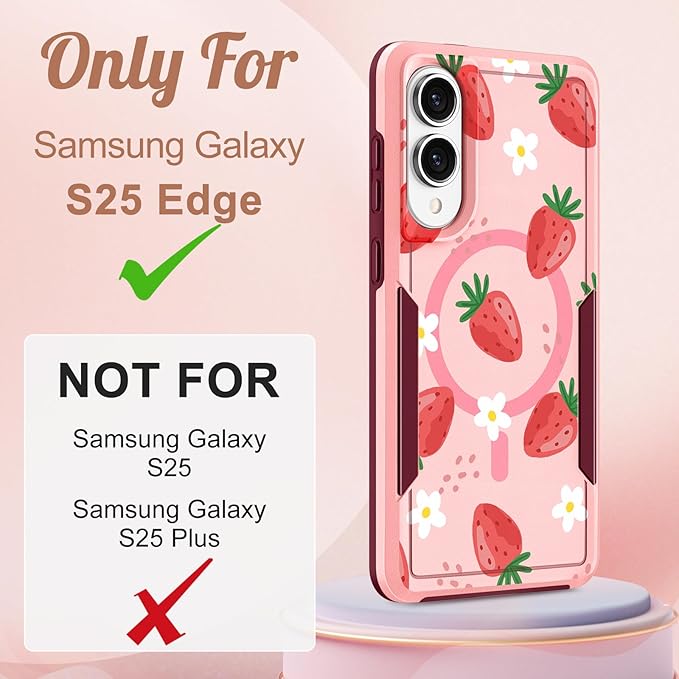 for Samsung Galaxy S25 Edge Case - Compatible with MagSafe Women Girls Cute Magnetic Protective Phone Cover Girly Kawaii Strawberry Heavy Duty Shockproof Design for Samsung S25 Edge Case