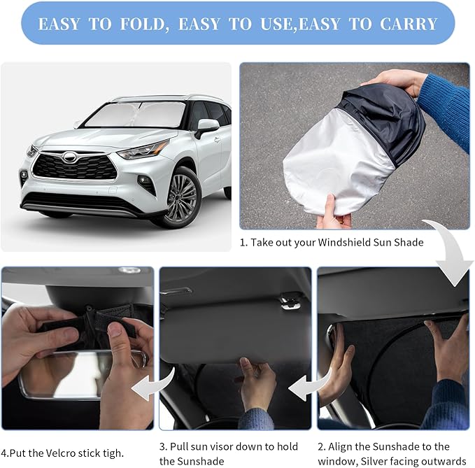 for Toyota Highlander 2020-2024 2025 2026 Sun Shade Sunshade Windshield Cover, 4-Layer Front Window Shade Custom Fit Highlander L LE XLE Limited Platinum Sun Visor 240T Fabric Car Accessories
