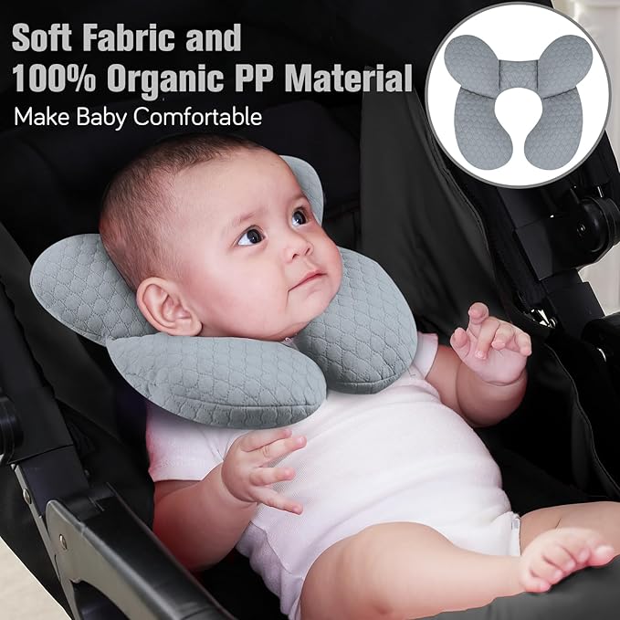 KAKIBLIN Baby Travel Pillow, Upgraded Baby Neck Pillows for Car Seat, Babies Support Pillow, Infant Neck Pillow for Head and Neck, Newborn Head Support for Car Seat,Stroller, Pushchair (Light Grey)