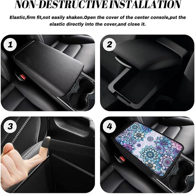 Vibrant Boho Mandala Floral Pattern Car Armrest Cover Soft Vehicle Box Cover Protector Scratch-Resistant Auto Center Console Pad Universal Fit for Most Cars Sedan Truck SUV