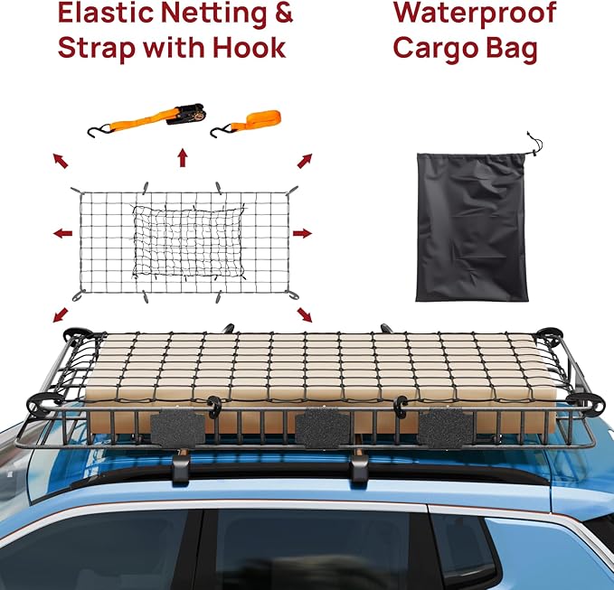 TUFFIOM 84"x 39"x 6" Rooftop Cargo Carrier, Universal Steel Roof Rack Basket w/Net+Storage Bag+Straps, Heavy Duty Extensionable Car Top Rack Luggage Holder Carrier Basket for SUV Car Truck Van
