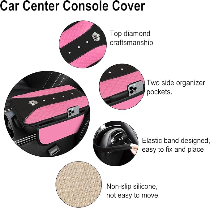 NBTEPEM Bling Crown Car Center Console Armrest Cover, Leather Middle Console Cover Cushion with 2 Storage Bags, Car Armrest Storage Box Interior Accessories for Most Vehicles(Pink)