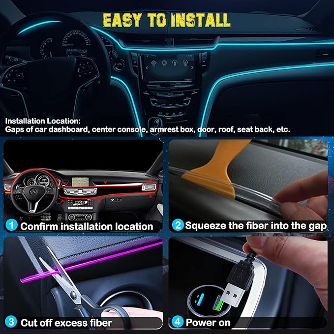 Jushope Interior Car LED Strip Lights, RGB USB Car Ambient Lighting with Wireless APP & Remote Control, Car Accessories Fiber Optifc Lights Sync to Music (5 LED/276 inches)