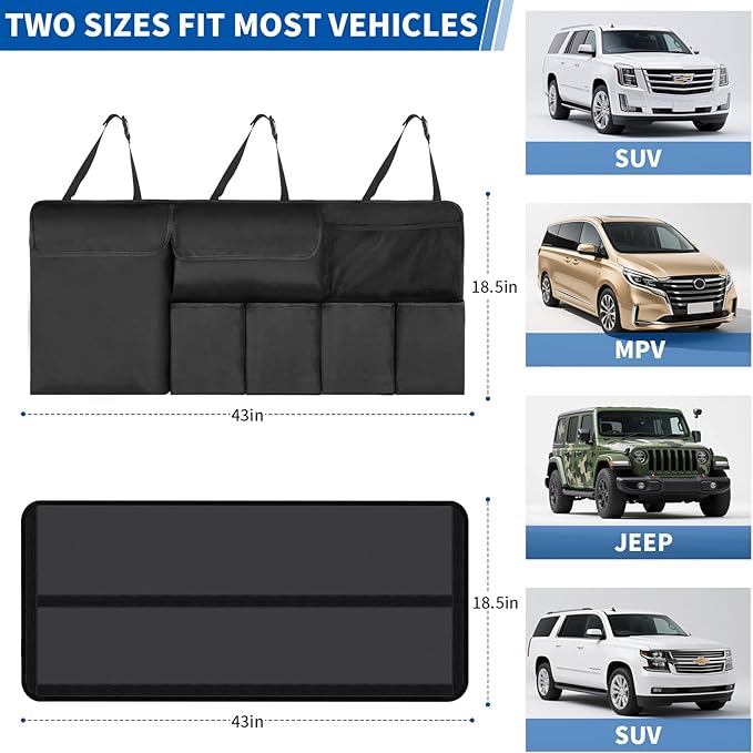 Car Trunk Organizer, Backseat Hanging Organizer with Storage Pockets for SUV, Truck, Van, Collapsible Trunk Organization for Car Accessories (Black, 43" x 18.5")