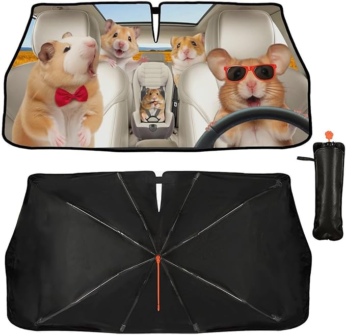 CHILLTEK Funny Animal Car Windshield Sun Shade, Cute Hamster Car Sun Shade, Block UV Rays Heat Foldable Windshield Umbrella Sun Visor Protector - Keep Vehicle Cool for Cars SUV