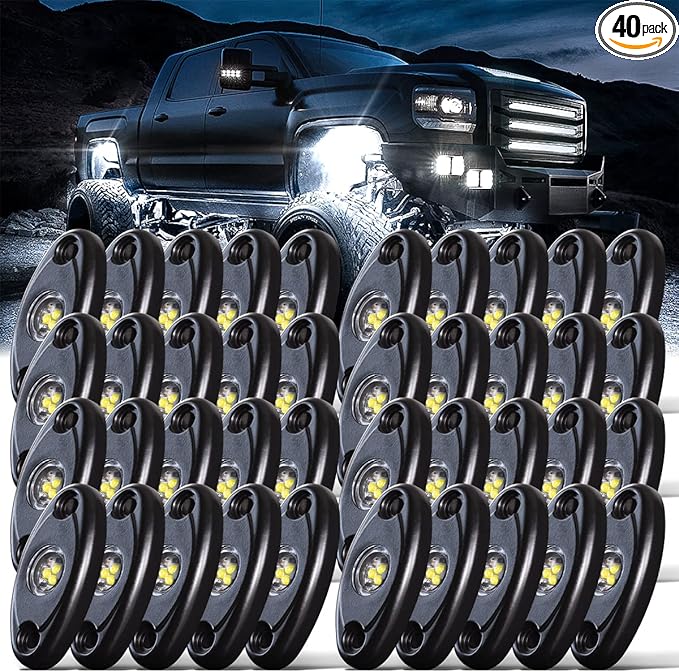 LEDMIRCY R1 Pure White Rock Lights 40PCS High Power Underbody LED Rock Lights White for Off Road Truck ATV UTV SUV RZR Trail Rig Light Auto Car Boat Waterproof Shockproof Underglow Light