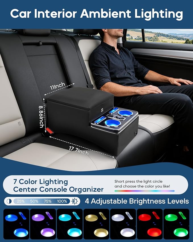 Center Console Organizer, Rear Bench Seat Armrest Organizer with Fast Phone Charging & Cup Holders