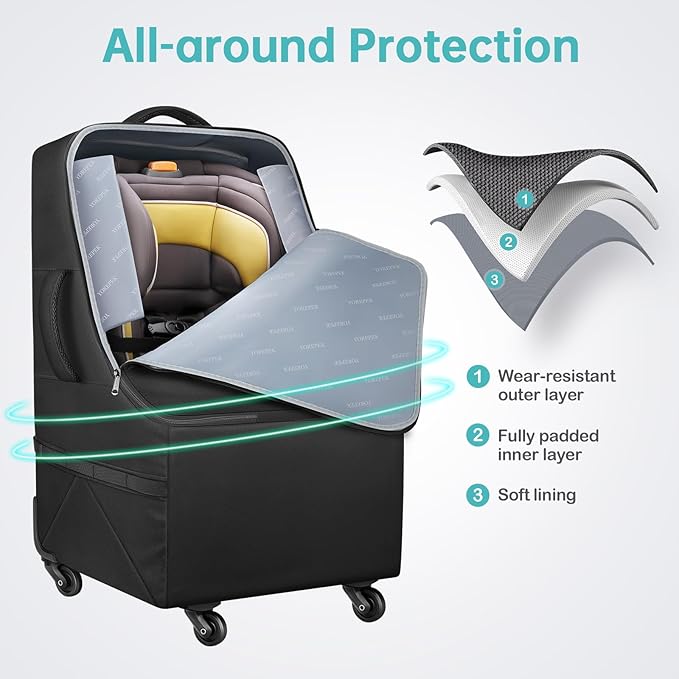 YOREPEK Padded Car Seat Travel Bag for Airplane with Wheels,Heavy Duty Carseat Bags for Air Travel,Rolling Airport Gate Check Bag,Travel Car Seat Backpack with Extra Storage for Baby Travel Essentails