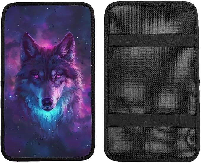 Car Center Console Cover Purple Wolf Print Polyester Fabric Car Armrest Cover Cool Animal on Galaxy Nebula Universal Car Interior Accessories for Most Vehicles SUVs Truck Sedans