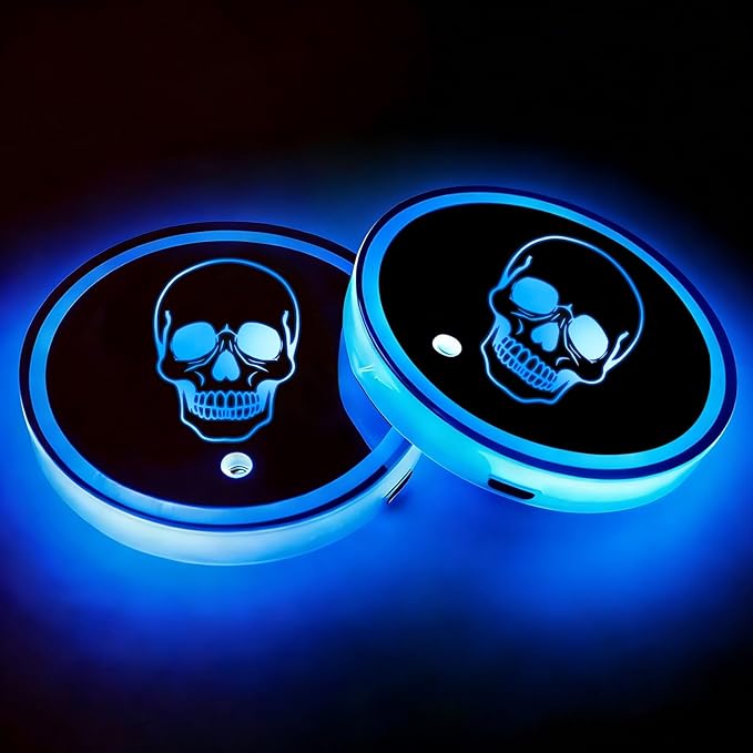 Skull LED Cup Holder Lights for Car,2Pcs LED Light Up Cup Holder Coasters with USB Charging 7 Colors 3 Modes,Waterproof Interior Atmosphere Lamp,Car Decor Accessories Skeleton Gifts for Women Men