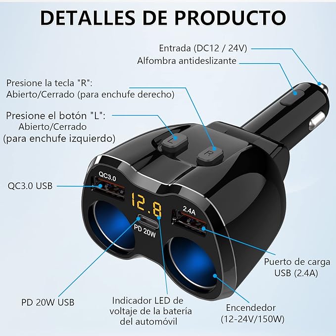 Cigarette Lighter Splitter 2 Socket, Qidoe 150W Cigarette Lighter Adapter 20W USB C Car Charger and 18W QC3.0 Multi Port Car 12V Splitter with Button Switch LED Voltmeter for GPS Dash Cam Phone Tablet