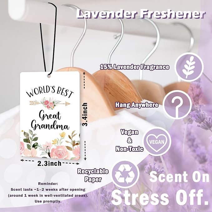 Great Grandma Gifts Car Air Freshener Accessories 3pcs, World's Best Gifts for Granmda Christmas, Pink Flower Rustic Hanging Scent Lavender Fragrance Card for Women Closet Bathroom Home Decor