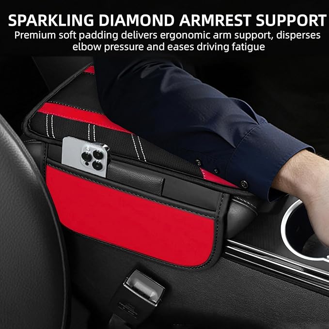 NBTEPEM Red Center Console Cover, Sporty Leather Armrest Cover Cushion with 2 Storage Pockets, Universal Auto Middle Console Protector, Car Interior Accessories for Most SUV, Truck, Sedan Vehicles