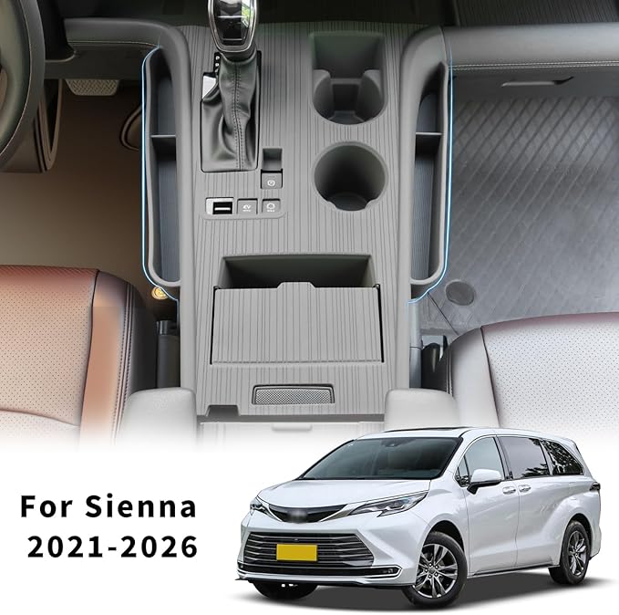 Center Console Cover with Organize for Toyota Sienna 2021-2026 Central Control Gear Shift Panel Trim Cover Silicone Panel Frame(Gray)