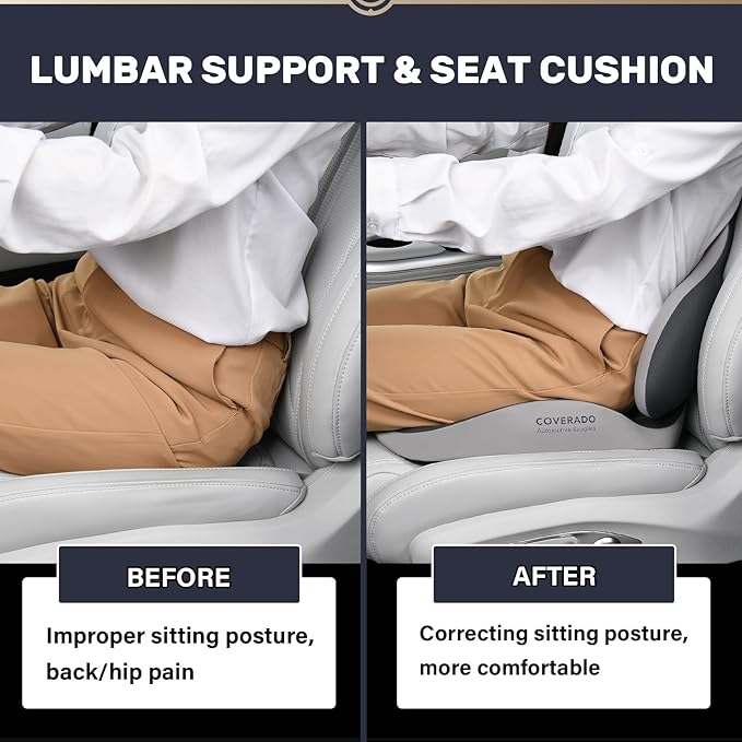 Coverado Seat Cushion and Lumbar Support Pillow for Car Office Chair, Ergonomic Memory Foam Desk Chair Cushion Back Support Pillow, Sciatica & Back & Tailbone Pain Relief Cushion-Black&Gray