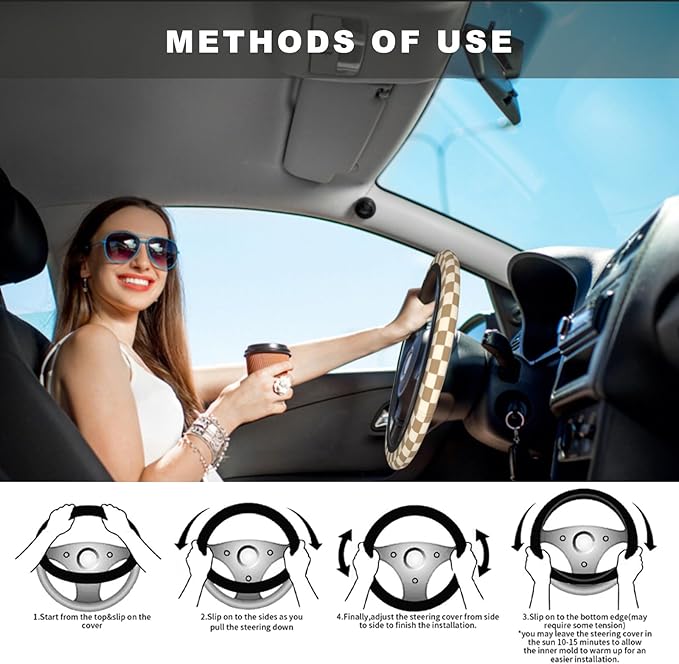 Brown Beige Checkered Steering Wheel Cover, Cute Anti-Slip Breathable Car Accessories Interior Elastic Steering Wheel Cover for Men Women Fit Auto, SUV Vans Truck Universal 14.5-15 Inch
