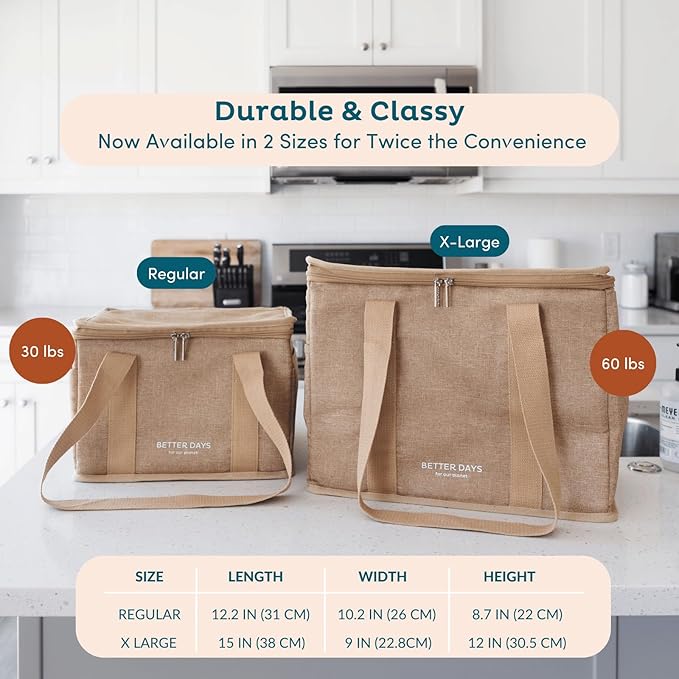 Reusable Insulated Grocery Bag - Canvas, Leak Proof, X Large Cooler Bag, Insulated Shopping Bags for Groceries, Travel Cooler Bag for Frozen and Hot Food with Zippered Top (Cream Brown)