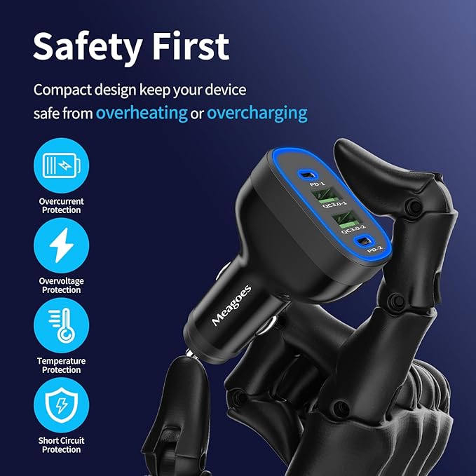 90W 4 in 1 USB C Super Fast Car Charger for iPhone 17 Pro Max/Air/16/15/iPad, Samsung S26, Pixel Android Phone, Dual 45W Type C & QC3.0, 12V Multi Port Cigarette Lighter Adapter + 2 USBC Cord 3.3ft
